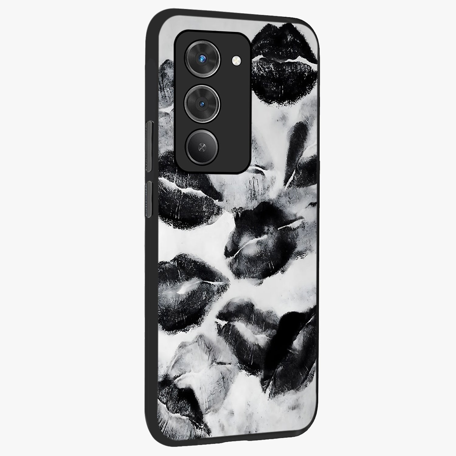 Midnight Kiss Marks Glass Case upright view showcasing stylish kiss mark artwork with trendy romantic theme.