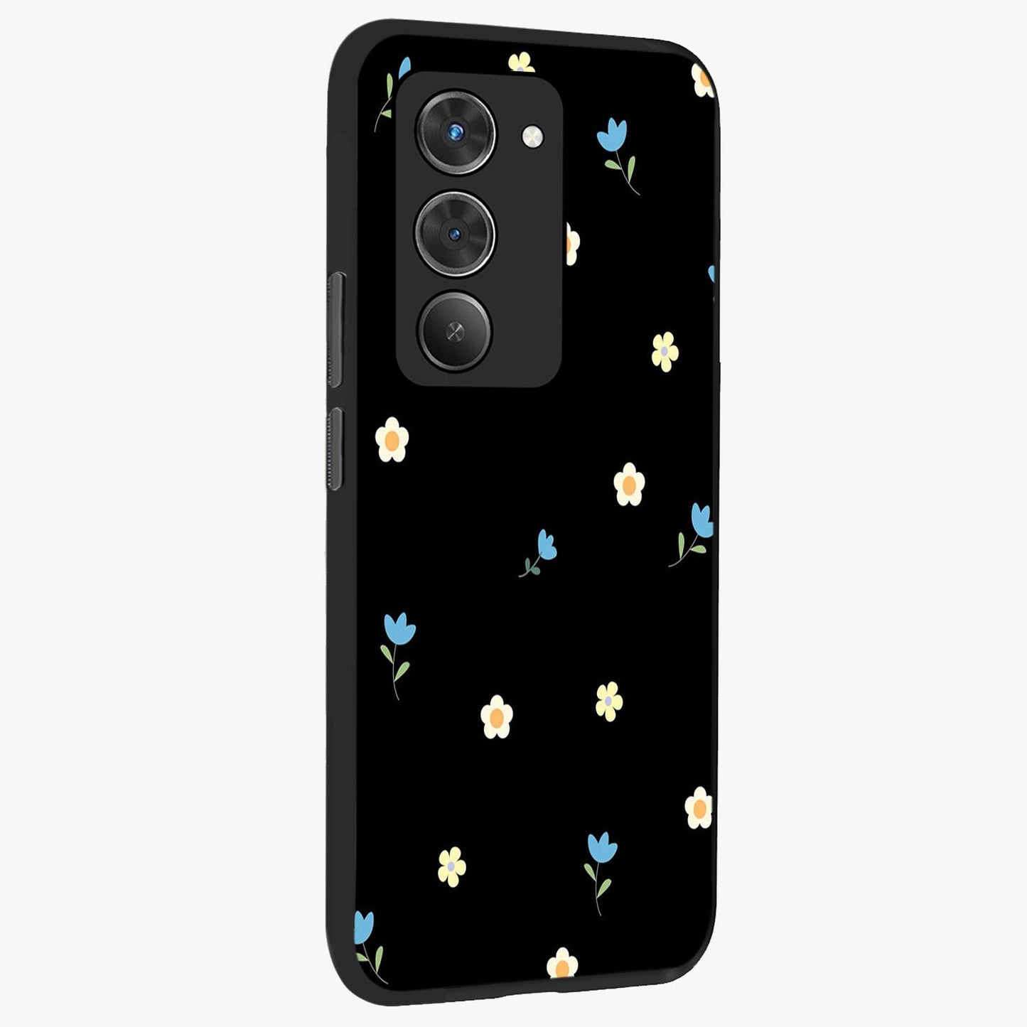 Minimal Petal Whispers Glass Case upright view showcasing elegant floral artwork with modern minimalist style.