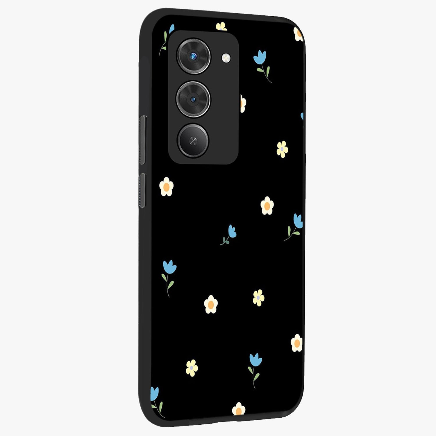 Minimal Petal Whispers Glass Case upright view showcasing elegant floral artwork with modern minimalist style.
