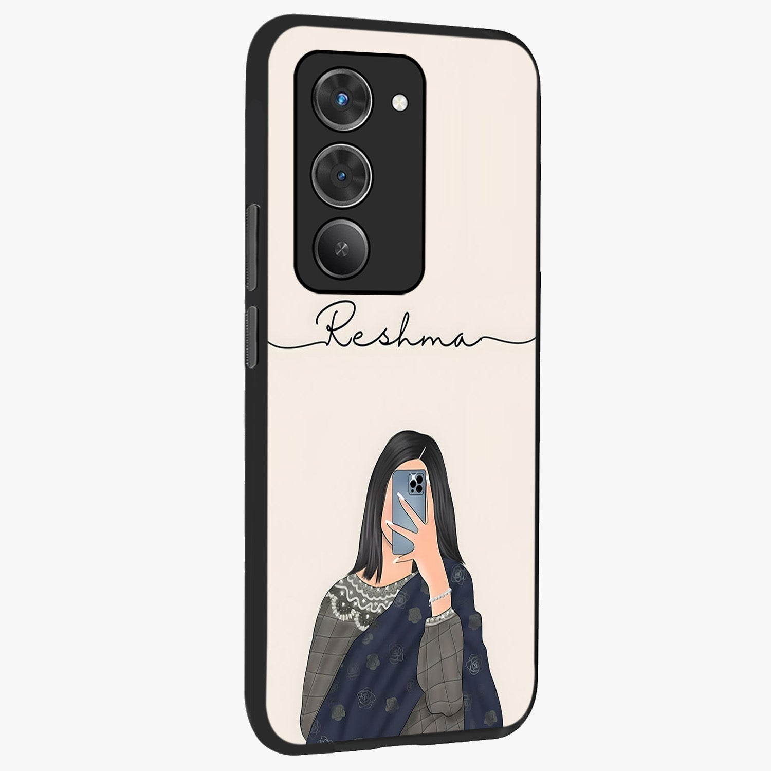 Mirror Mood Muse With Custom Name Glass Case upright view showcasing artistic mirror themed artwork with personalized aesthetic.