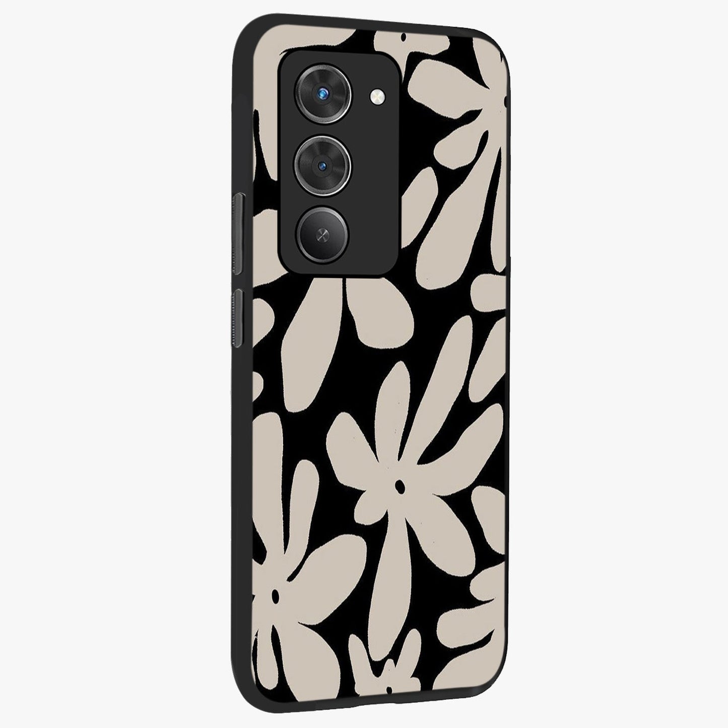 Monochrome Petal Dance Glass Case upright view showcasing artistic floral pattern with stylish monochrome theme.