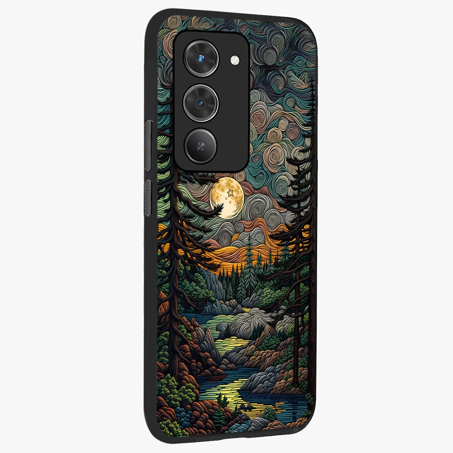 Moonlight Forest Dream Glass Case upright view showcasing magical forest artwork with calm night theme.