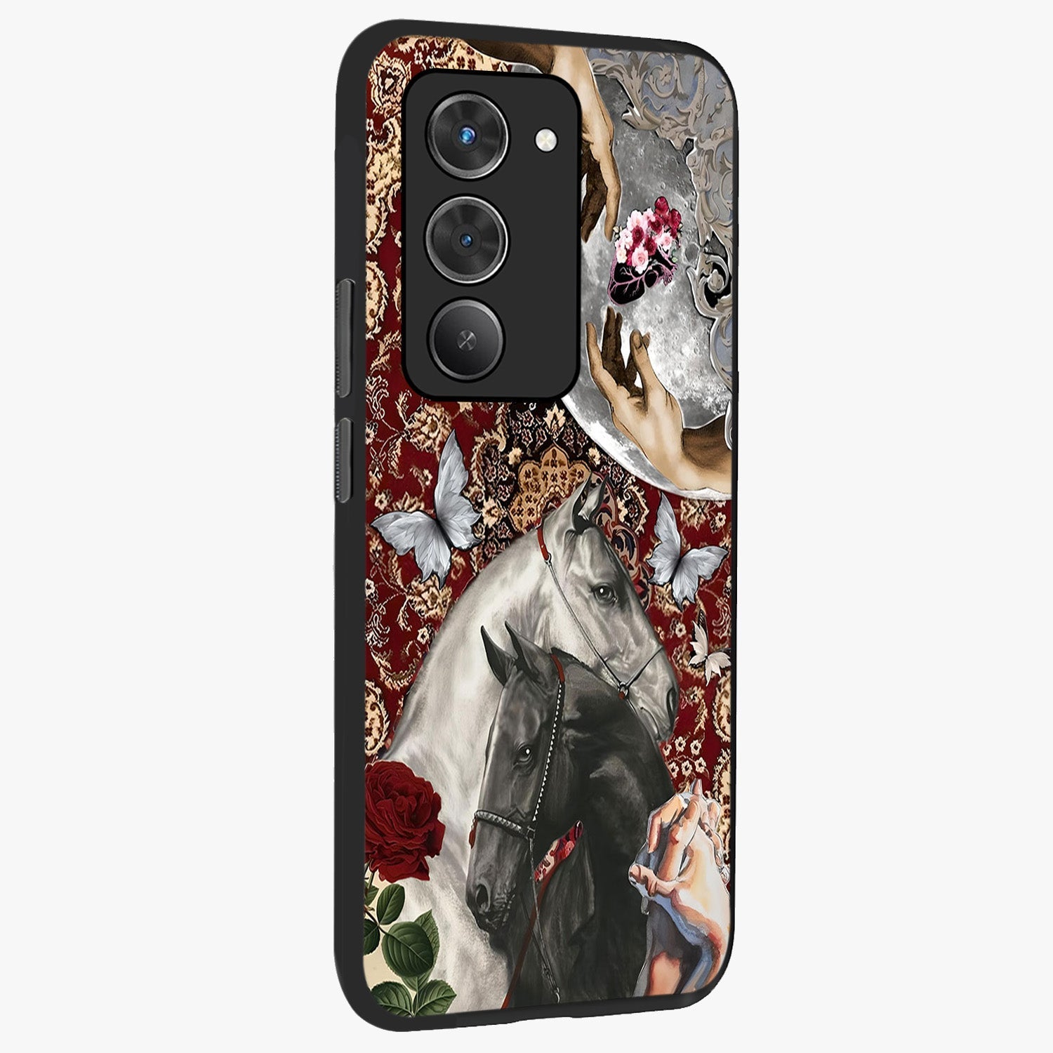 Moonlit Royal Stallion Glass Case upright view showcasing dramatic horse artwork with glowing moon themed design.