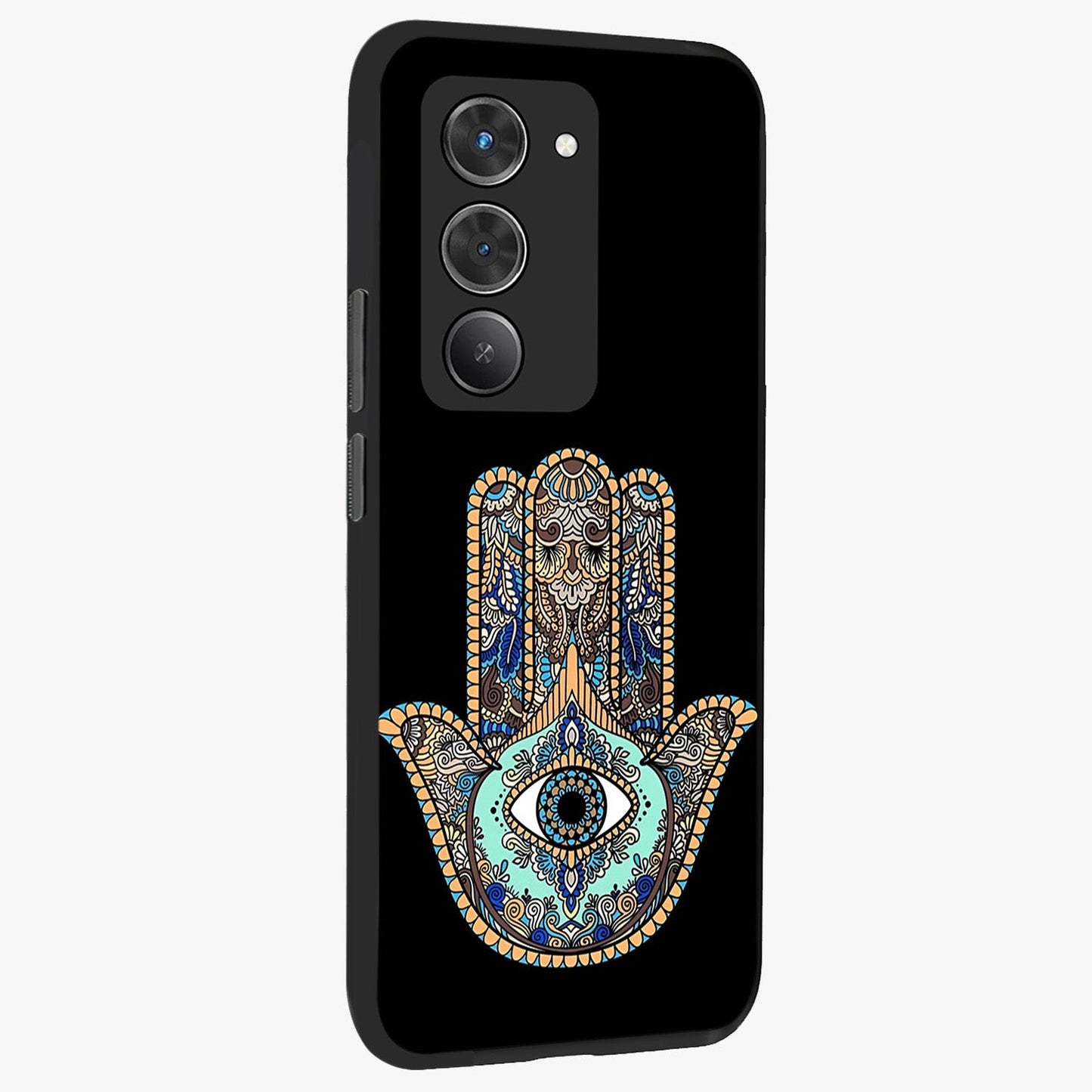 Mystic Hamsa Eye Glass Case upright view showcasing detailed hamsa eye artwork with protective spiritual theme.