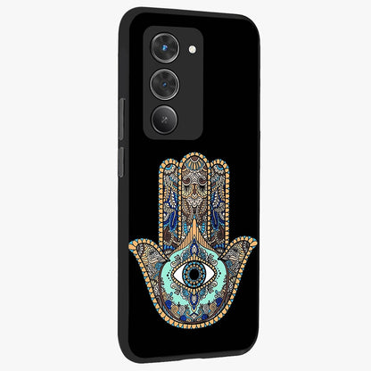 Mystic Hamsa Eye Glass Case upright view showcasing detailed hamsa eye artwork with protective spiritual theme.