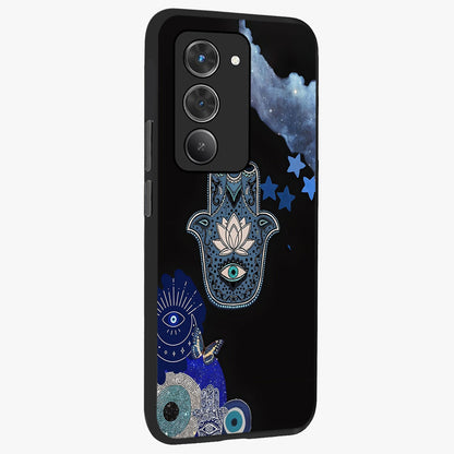 Mystic Hand Aura Glass Case upright view showcasing symbolic hand artwork with mystical energy theme.