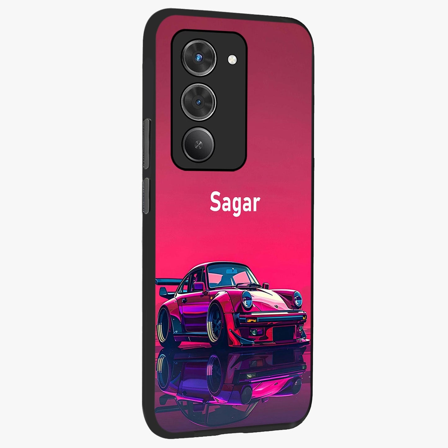 Neon Pink Porsche Glass Case upright view showcasing vibrant sports car artwork with bold automotive theme.