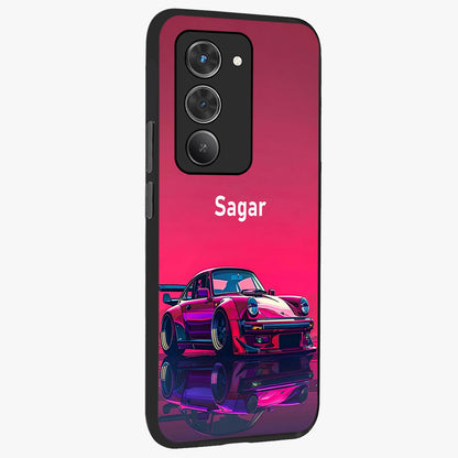 Neon Pink Porsche Glass Case upright view showcasing vibrant sports car artwork with bold automotive theme.