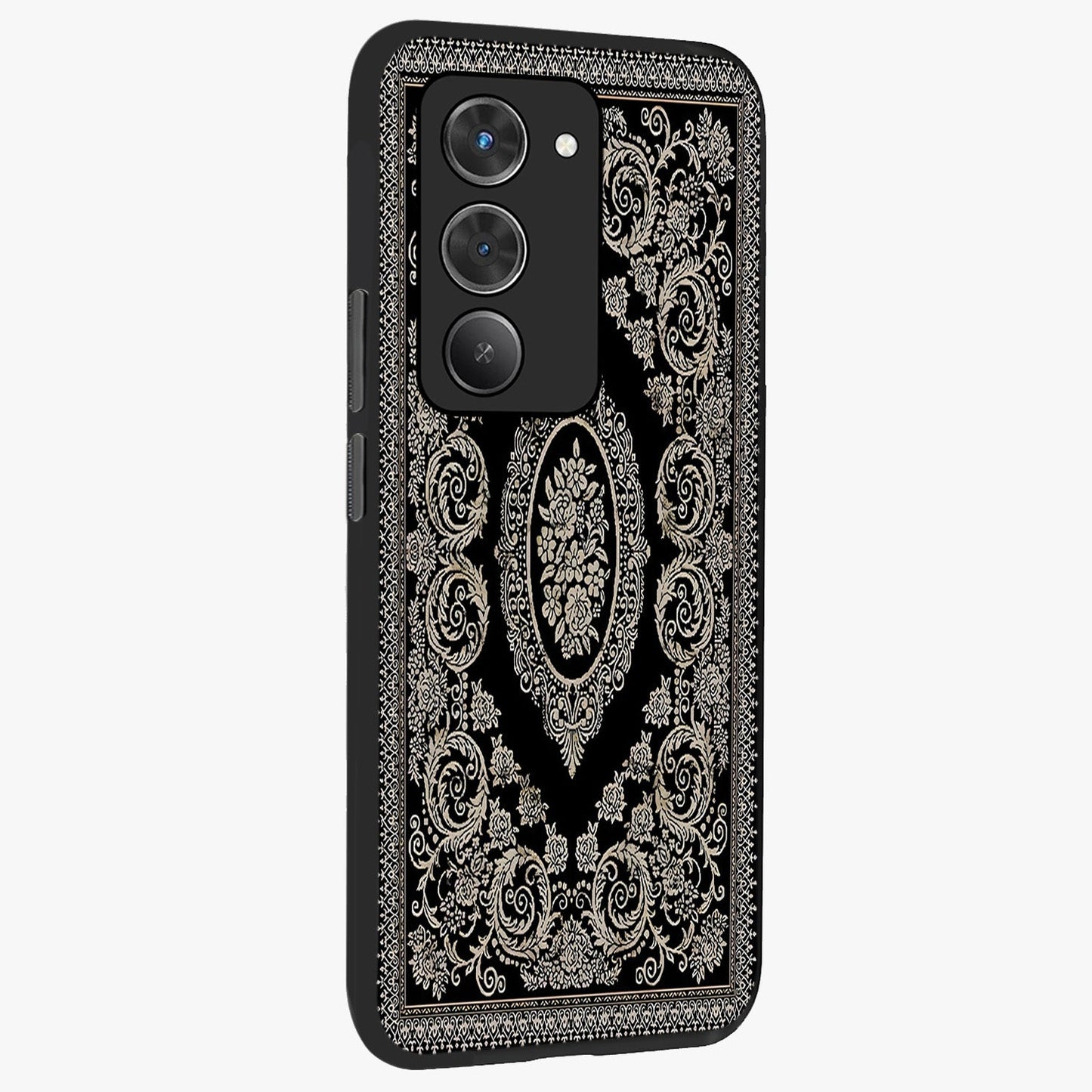 Noir Bloom Elegance Glass Case upright view showcasing graceful floral artwork with luxurious dark theme.