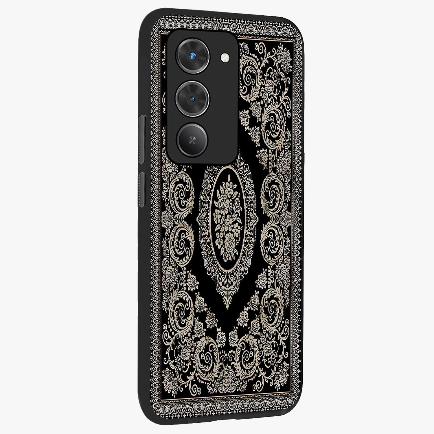 Noir Bloom Elegance Glass Case upright view showcasing graceful floral artwork with luxurious dark theme.