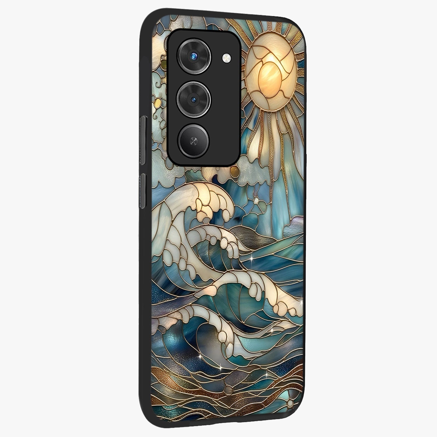 Oceanic Stained Printed Glass Case upright view showcasing decorative ocean pattern artwork with vibrant marine theme.