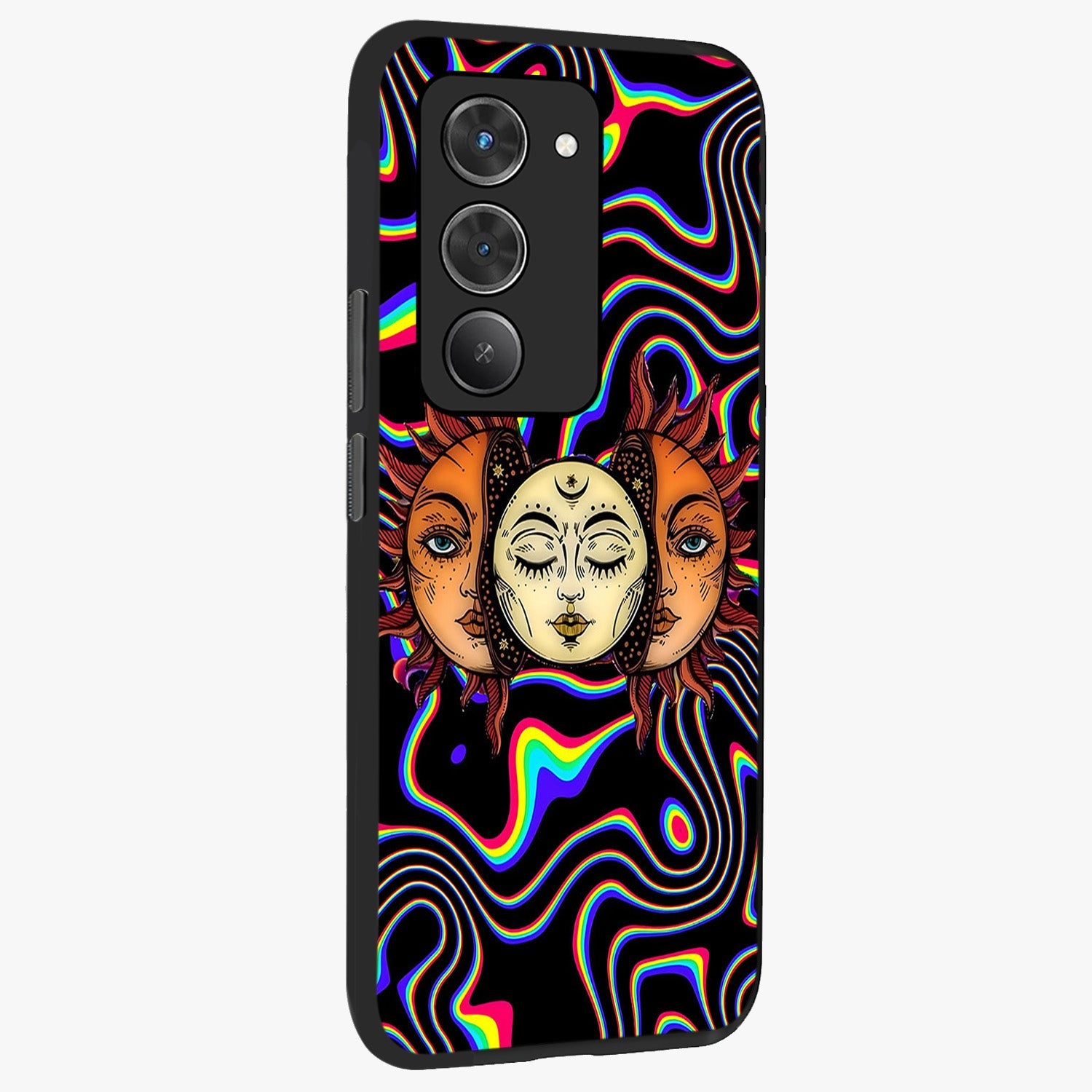 Psychedelic Sun Glass Case upright view showcasing trippy sun artwork with bold psychedelic theme.