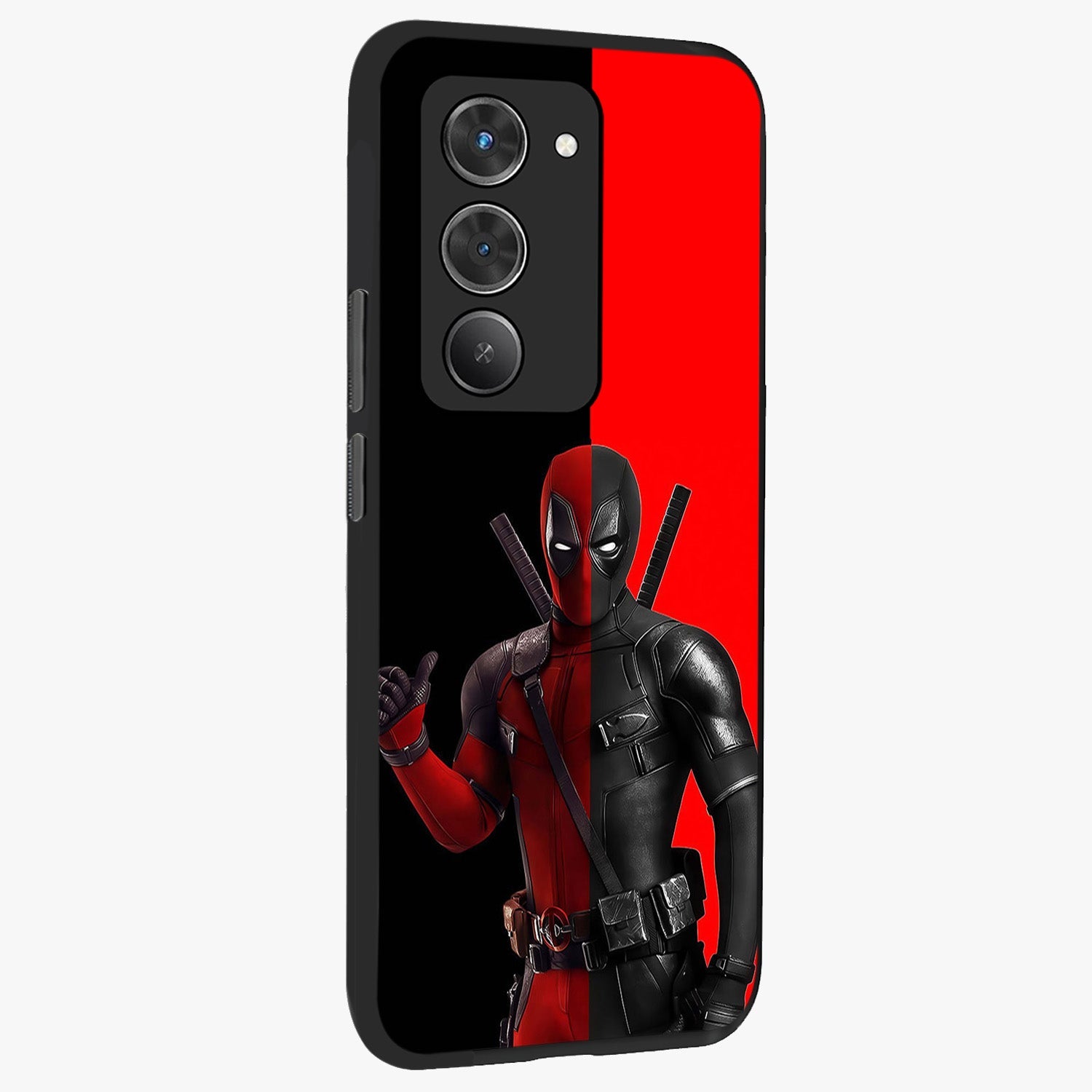 Red & Black Deadpool Theme Glass Case upright view showcasing energetic comic themed artwork with striking red and black design.