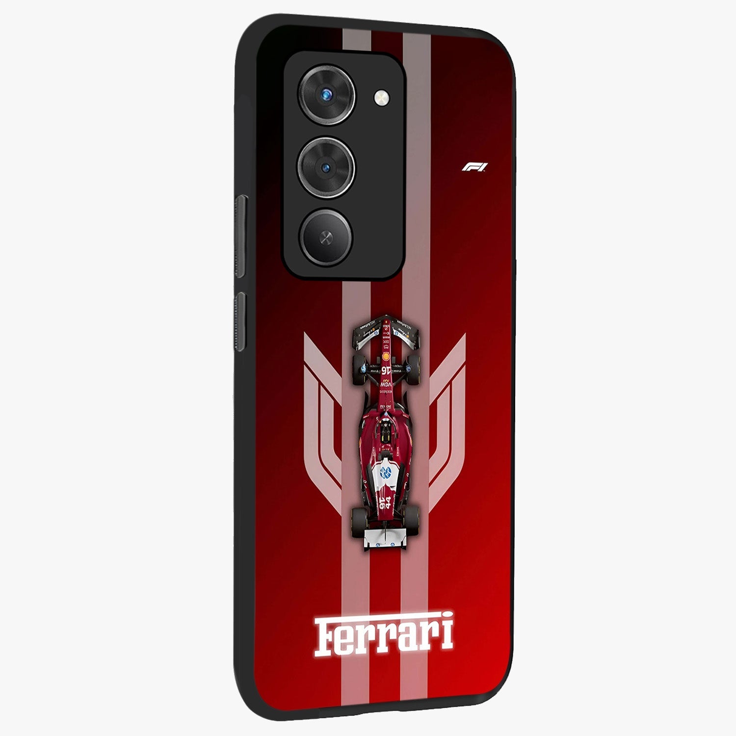 Red Ferrari F1 Vertical Glass Case upright view showcasing powerful Formula car artwork with dynamic motorsport theme.