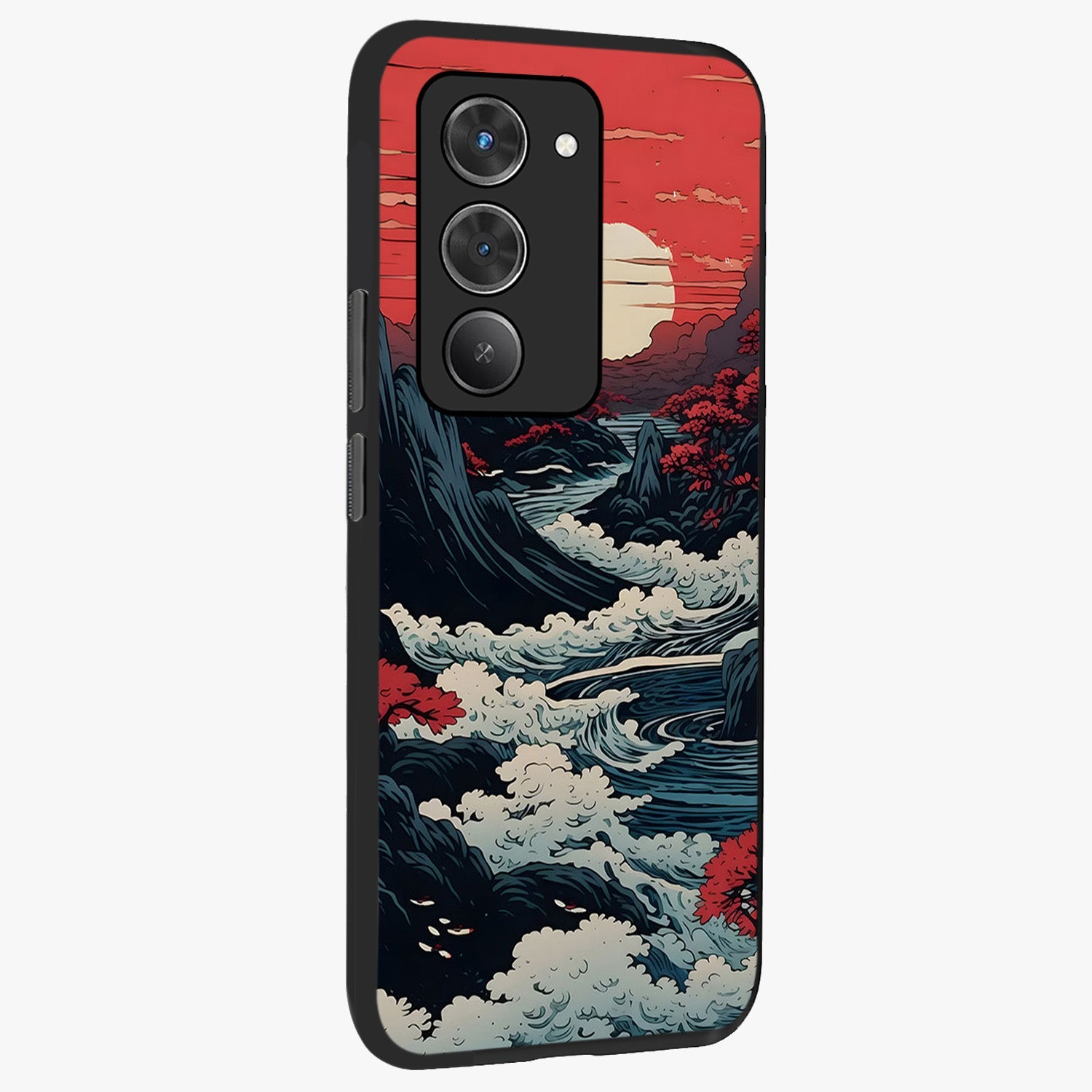 Red Sunset Scenery Glass Case upright view showcasing dramatic sunset scenery artwork with warm nature theme.