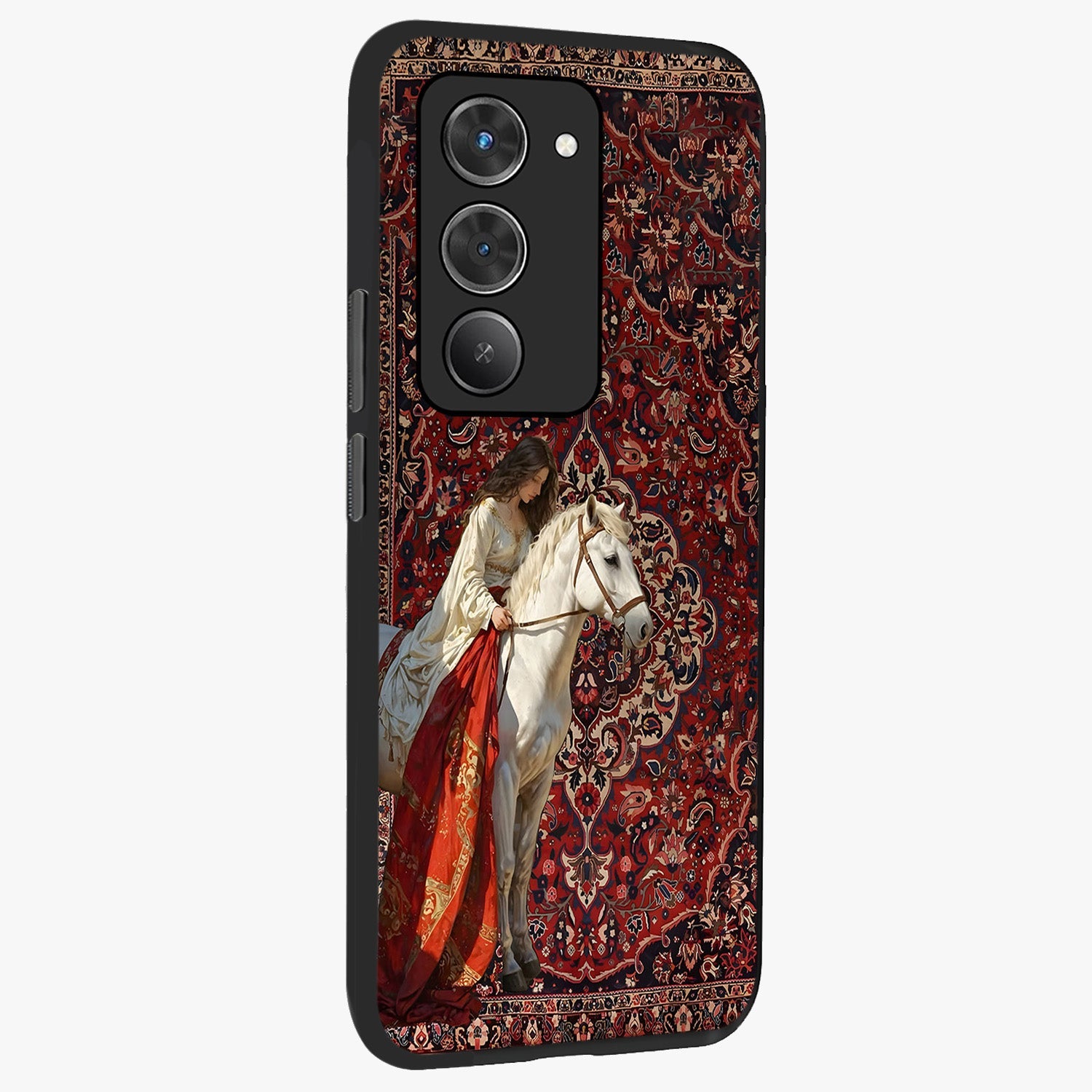 Royal Rider Tapestry Glass Case upright view showcasing detailed rider artwork with classic tapestry theme.