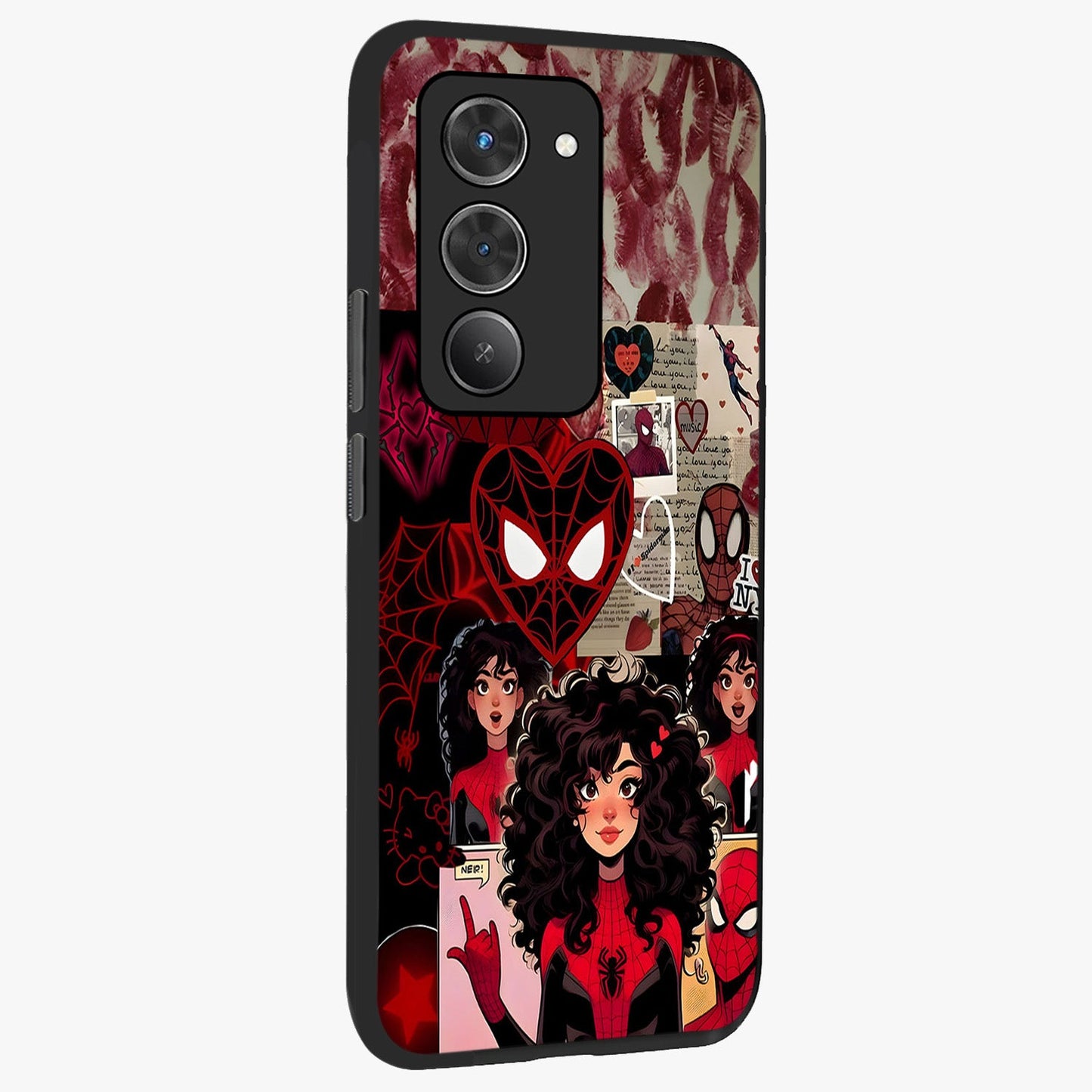 Spider Love Story Glass Case upright view showcasing charming superhero artwork with romantic comic theme.