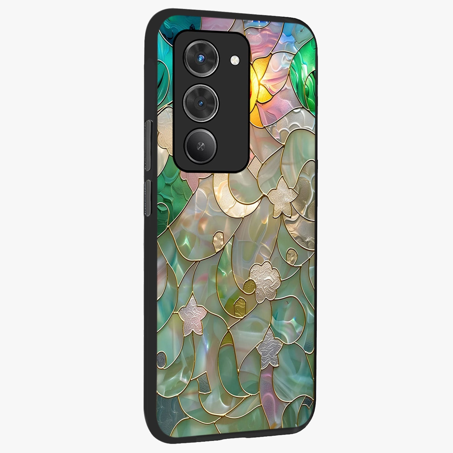 Stained Sunrise Glow Glass Case upright view showcasing colorful sunrise artwork with warm morning theme.
