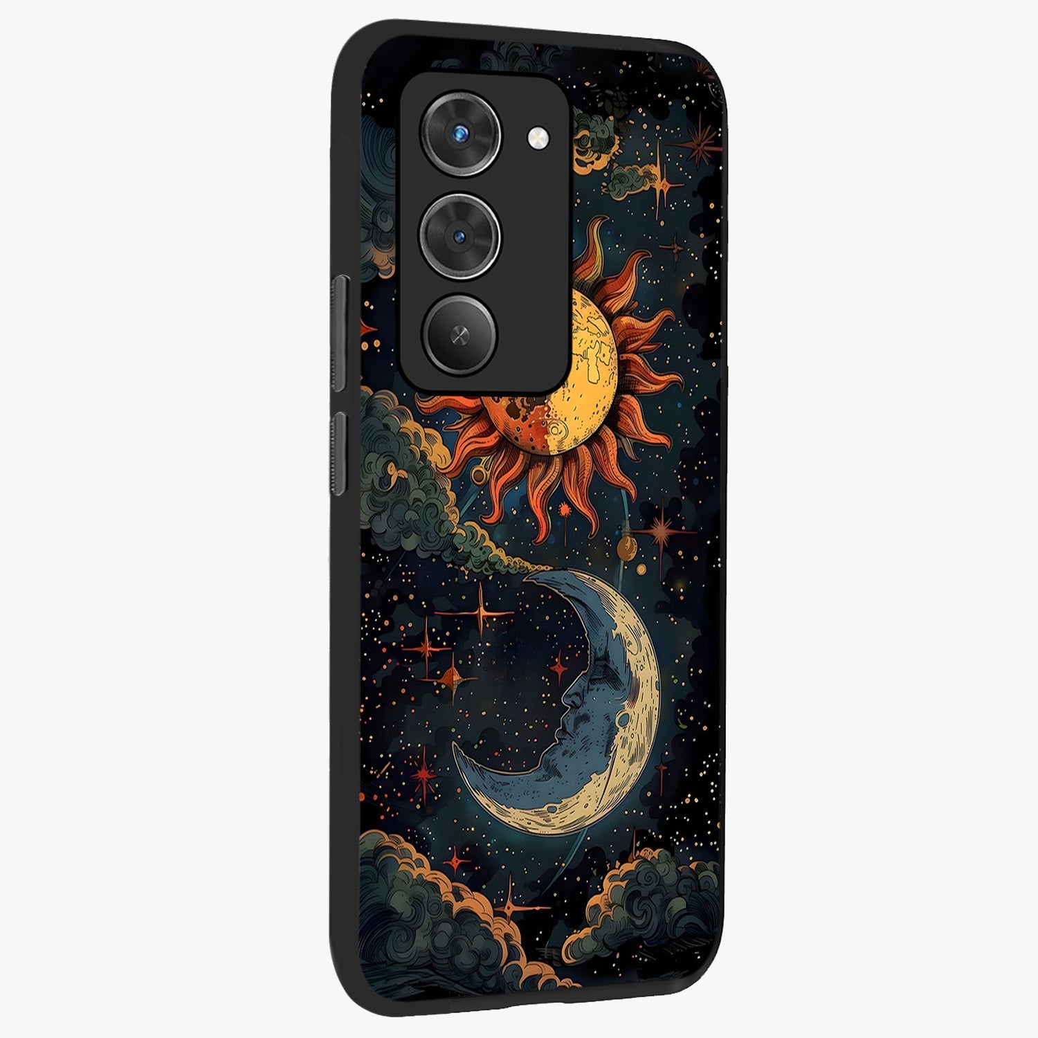 Sun And Moon Magic Design Glass Case upright view showcasing decorative sun and moon artwork with spiritual celestial theme.