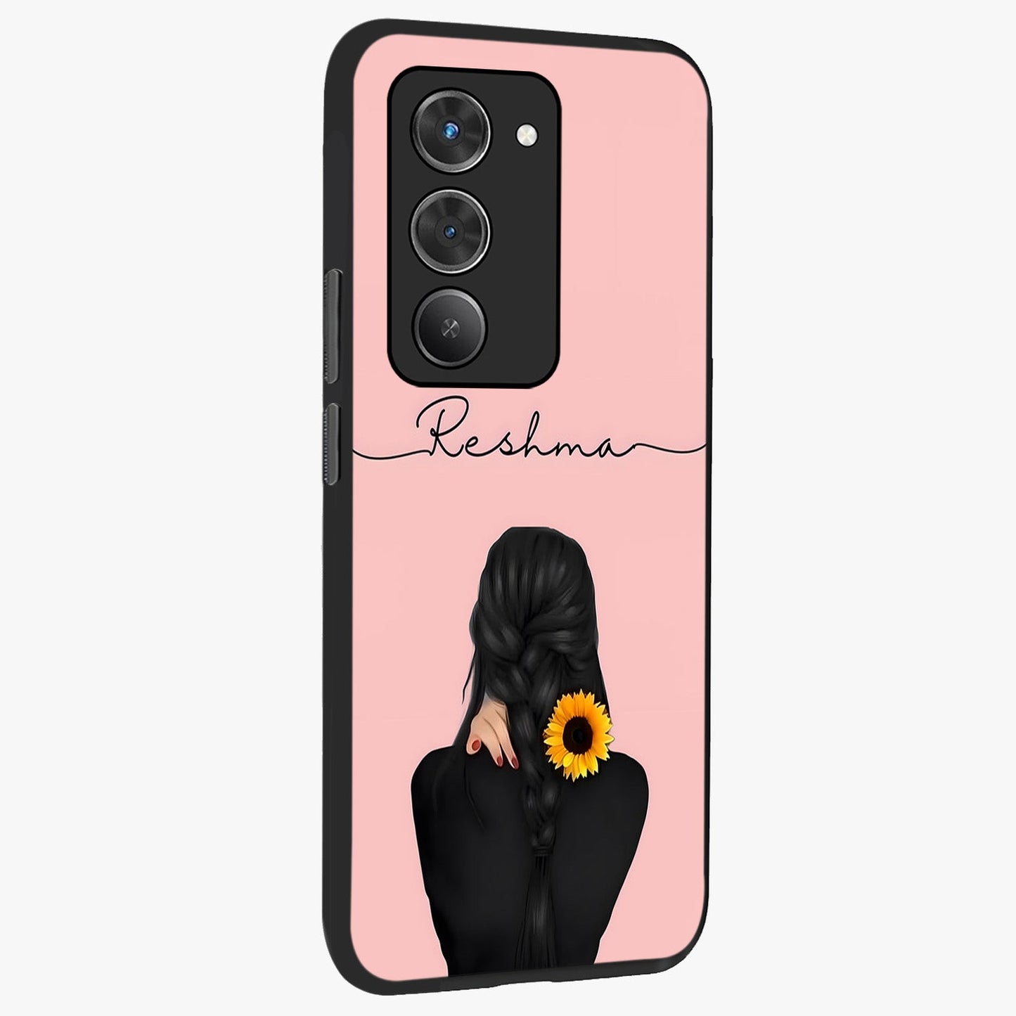 Sunflower Braid Beauty With Custom Name Glass Case upright view showcasing bright sunflower artwork with personalized floral aesthetic.