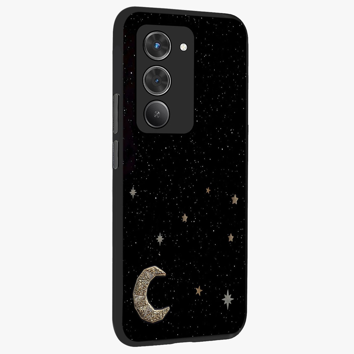 Twinkle Star With Half Moon Glass Case upright view showcasing glowing cosmic artwork with dreamy night theme.