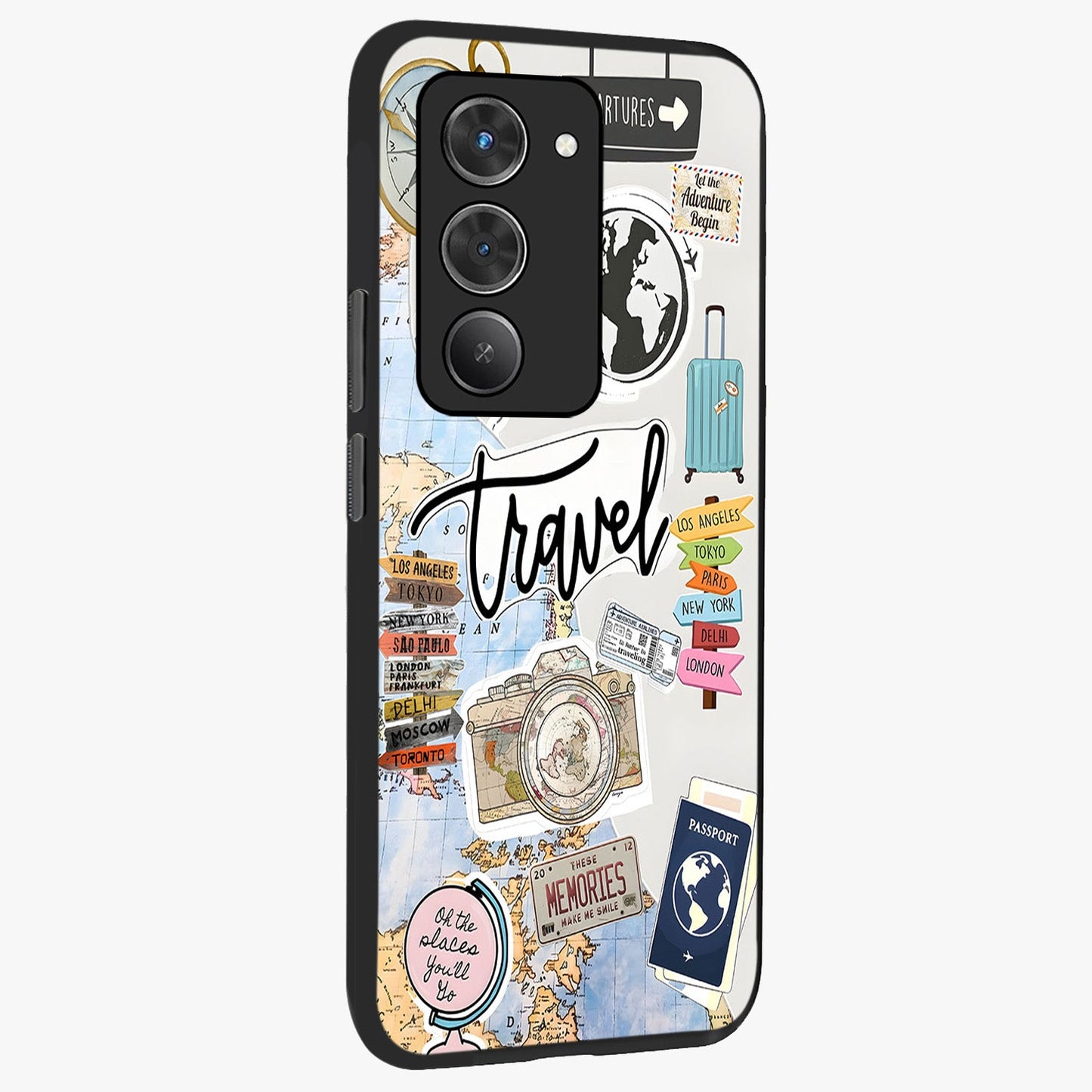 Wanderlust Journal Glass Case upright view showcasing wanderlust inspired artwork with creative exploration theme.