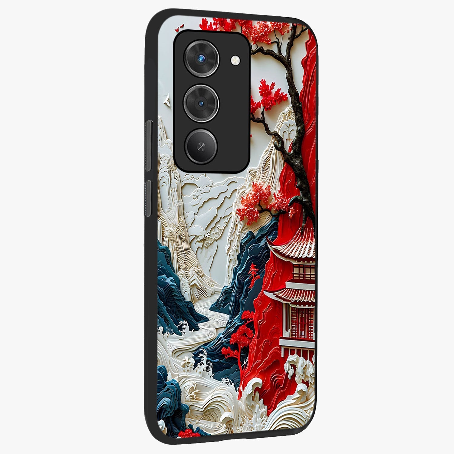 Whispers Of Sakura Waves Glass Case upright view showcasing delicate cherry blossom artwork with elegant nature theme.