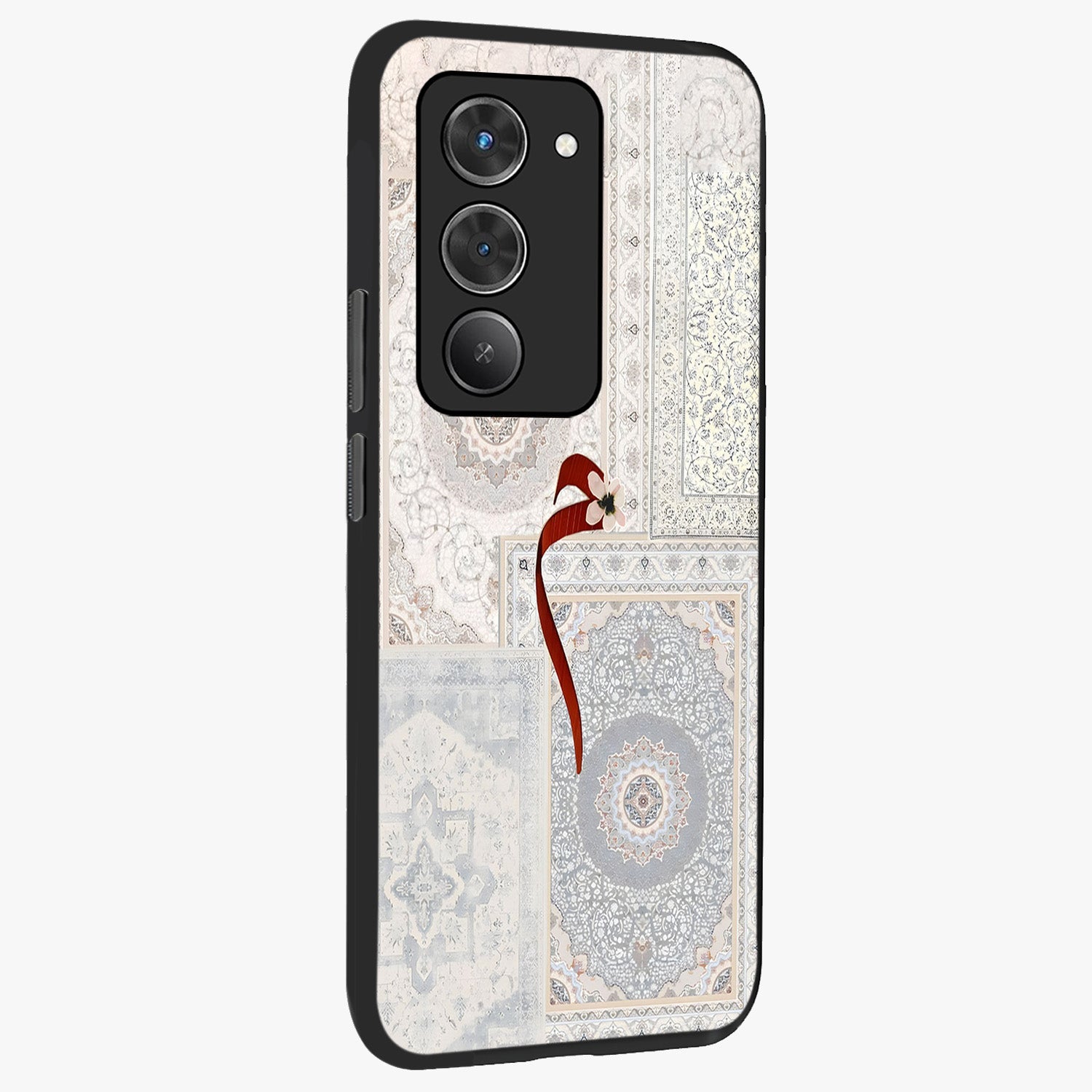 White Aesthetic Bow Glass Case upright view showcasing delicate ribbon bow artwork with cute minimalist theme.