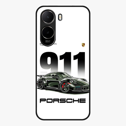 911 Turbo Dominance Glass Case showing clean flat back view with bold 911 sports car artwork and glossy glass finish.