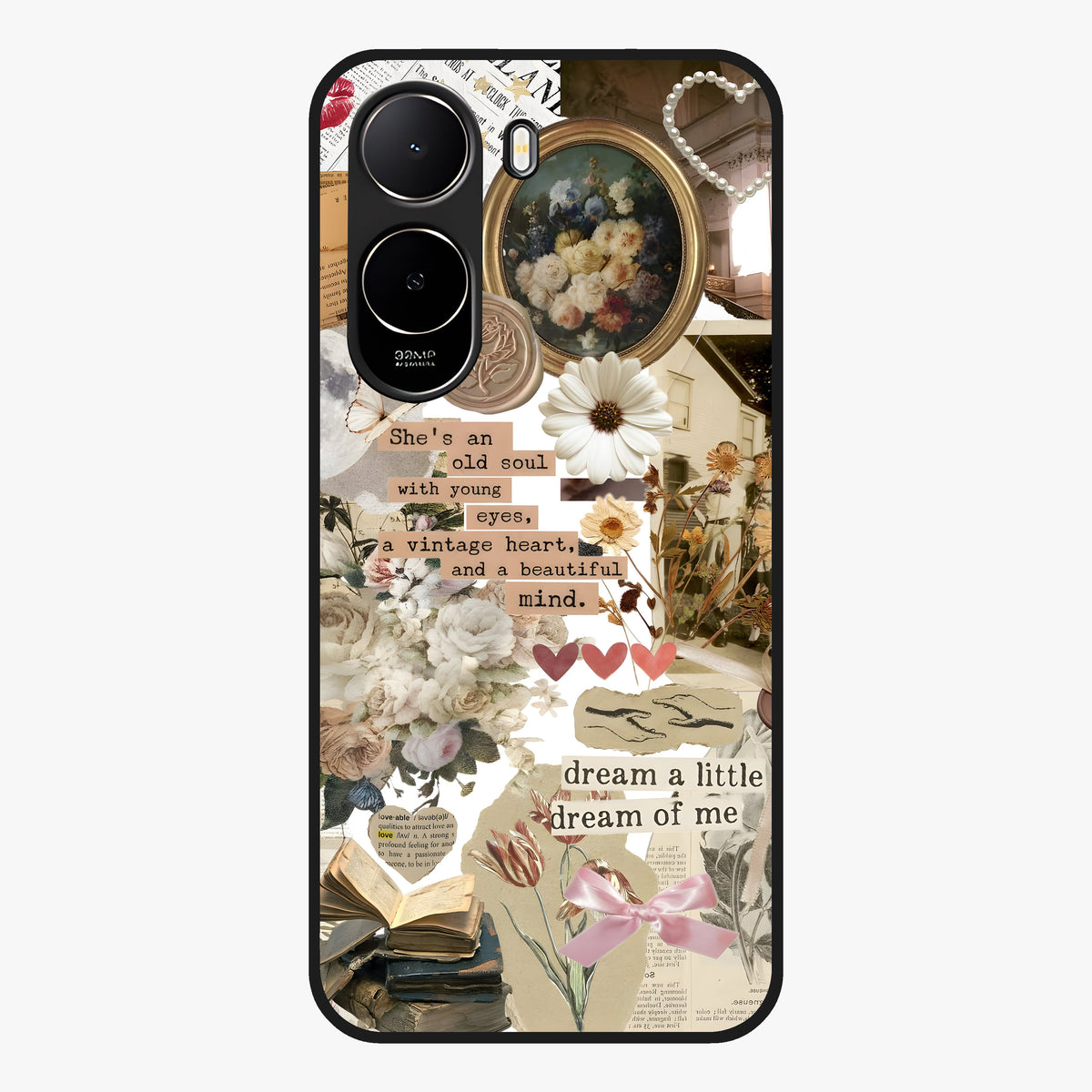 Aesthetic Brown Vintage Collage Glass Case showing flat back view with retro collage artwork and glossy glass finish.