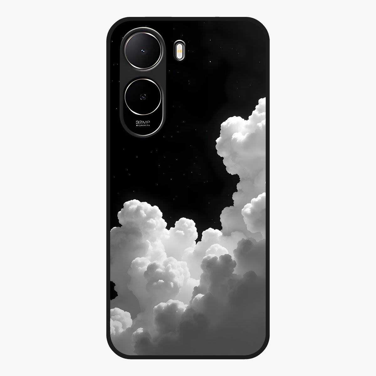 Black Background With White Cloud Glass Case showing flat back view with minimal cloud artwork on dark background and glossy glass finish.