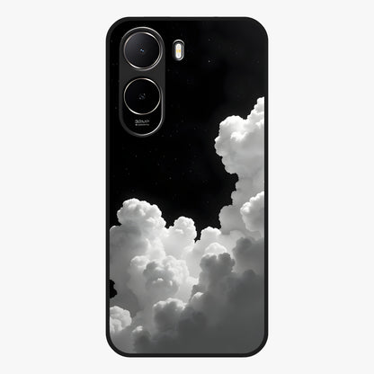 Black Background With White Cloud Glass Case showing flat back view with minimal cloud artwork on dark background and glossy glass finish.