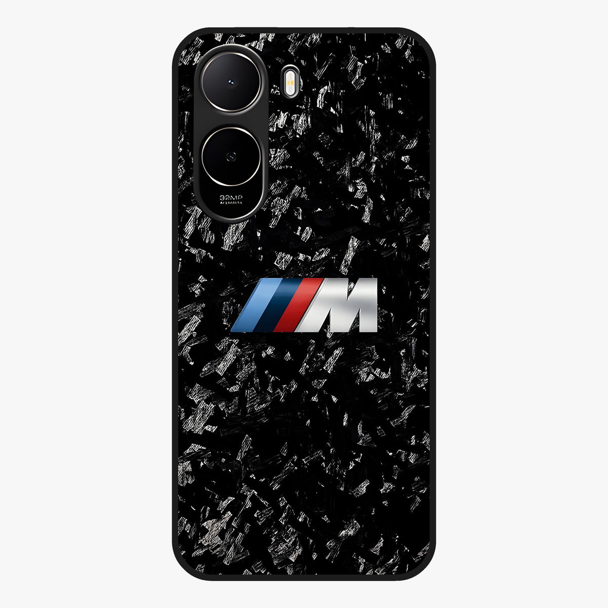 Carbon Speed Mark Glass Case showing flat back view with sporty carbon pattern artwork and glossy glass finish.