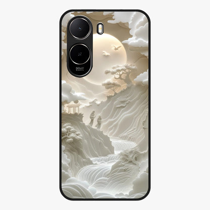 Celestial Origami Glass Case showing flat back view with artistic origami inspired celestial artwork and glossy glass finish.
