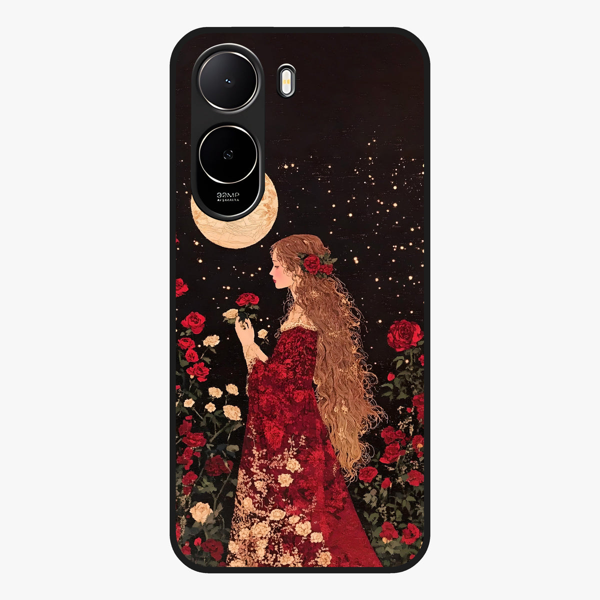 Crimson Dreams Glass Case showing flat back view with dreamy crimson artwork and glossy glass finish.