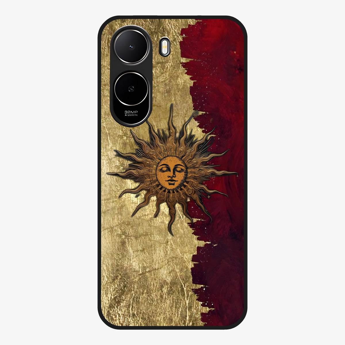 Crimson Sun Majesty Glass Case showing flat back view with radiant sun inspired artwork and glossy glass finish.