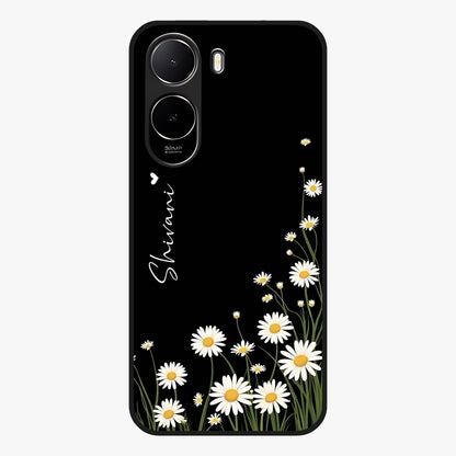 Daisy Cascade Custom Name Glass Case showing flat back view with cascading daisy flowers and personalized name design.
