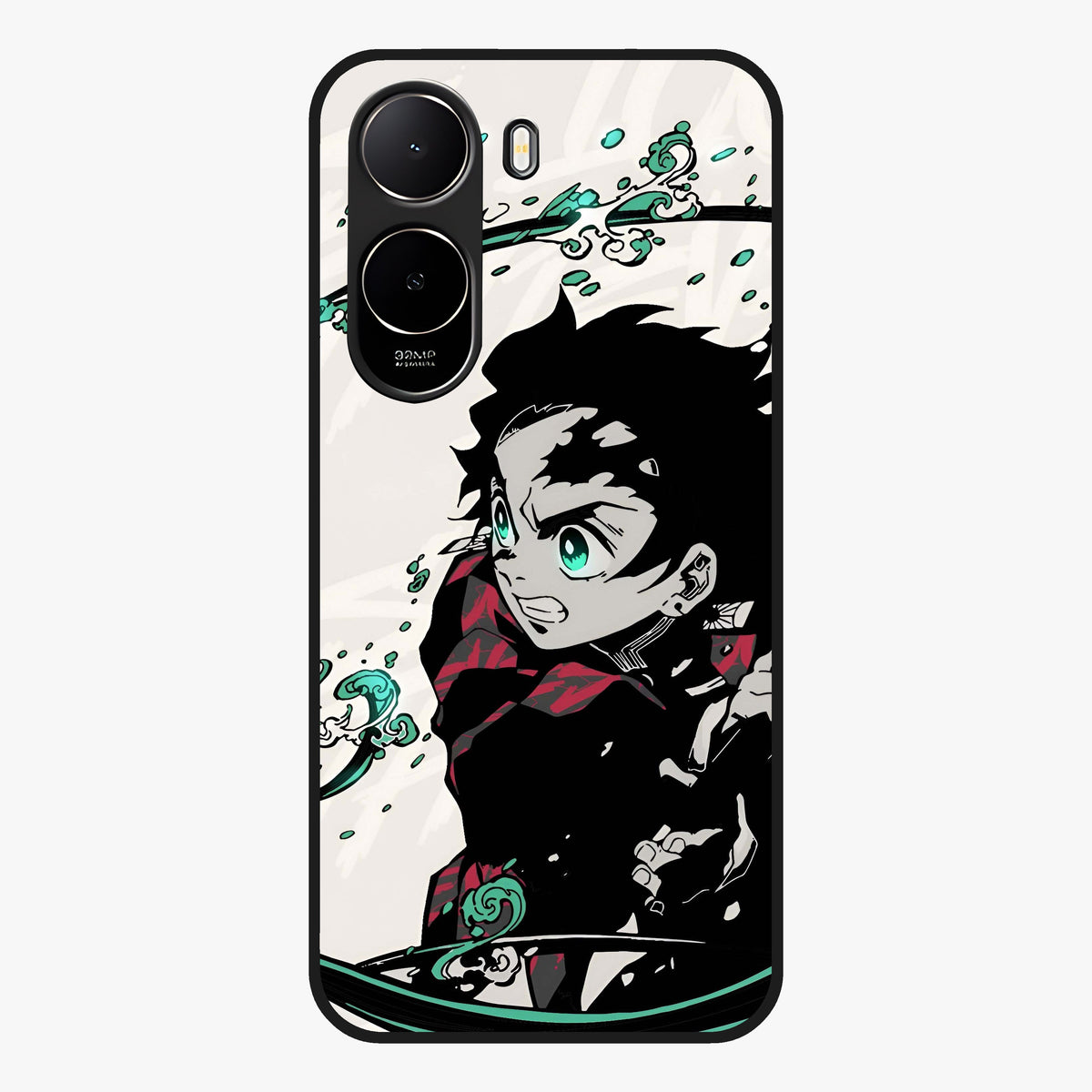 Demon Slayer Glass Case showing flat back view with bold anime inspired artwork and glossy glass finish.