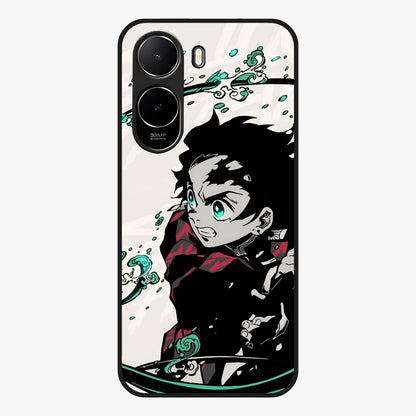 Demon Slayer Glass Case showing flat back view with bold anime inspired artwork and glossy glass finish.