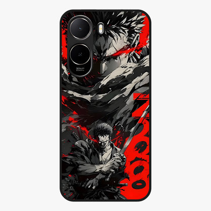 Demon Sword Resolve Glass Case showing flat back view with fierce sword warrior artwork and glossy glass finish.