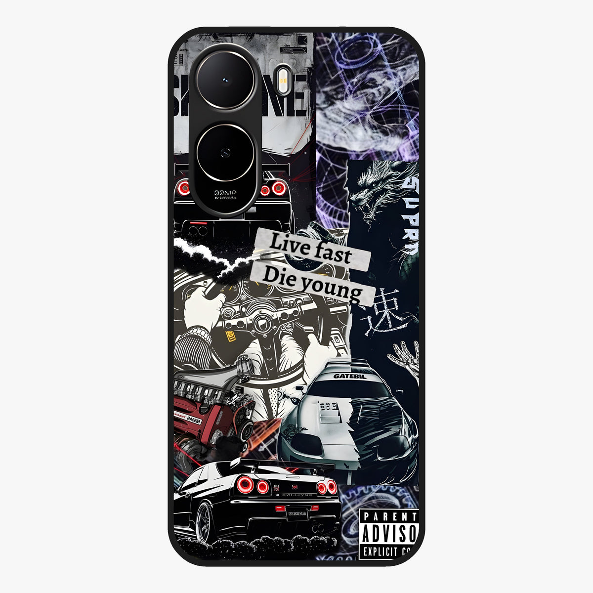Die Young Glass Case showing flat back view with bold artistic typography design and glossy glass finish.
