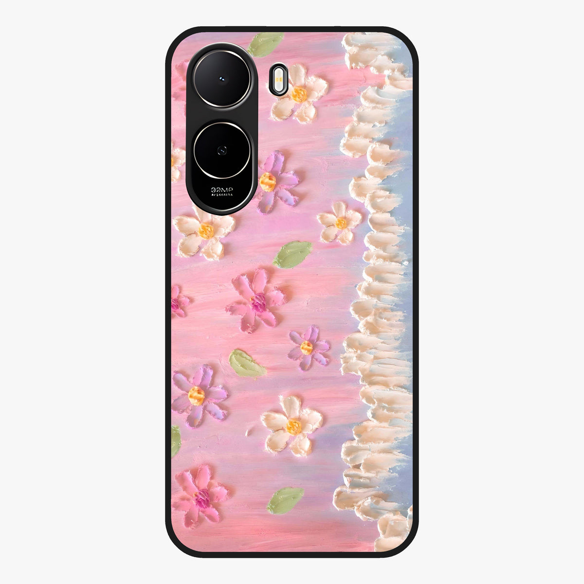 Dreamy Painted Garden Glass Case showing flat back view with artistic painted floral garden artwork and glossy glass finish.