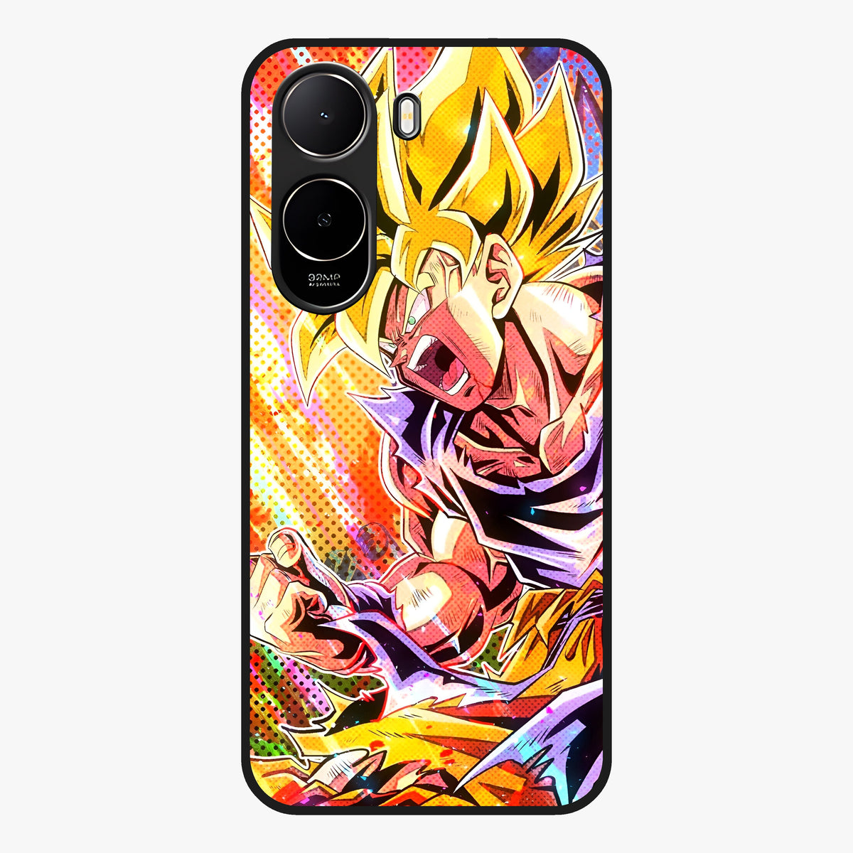 Firing Goku Glass Case showing flat back view with powerful anime inspired artwork and glossy glass finish.