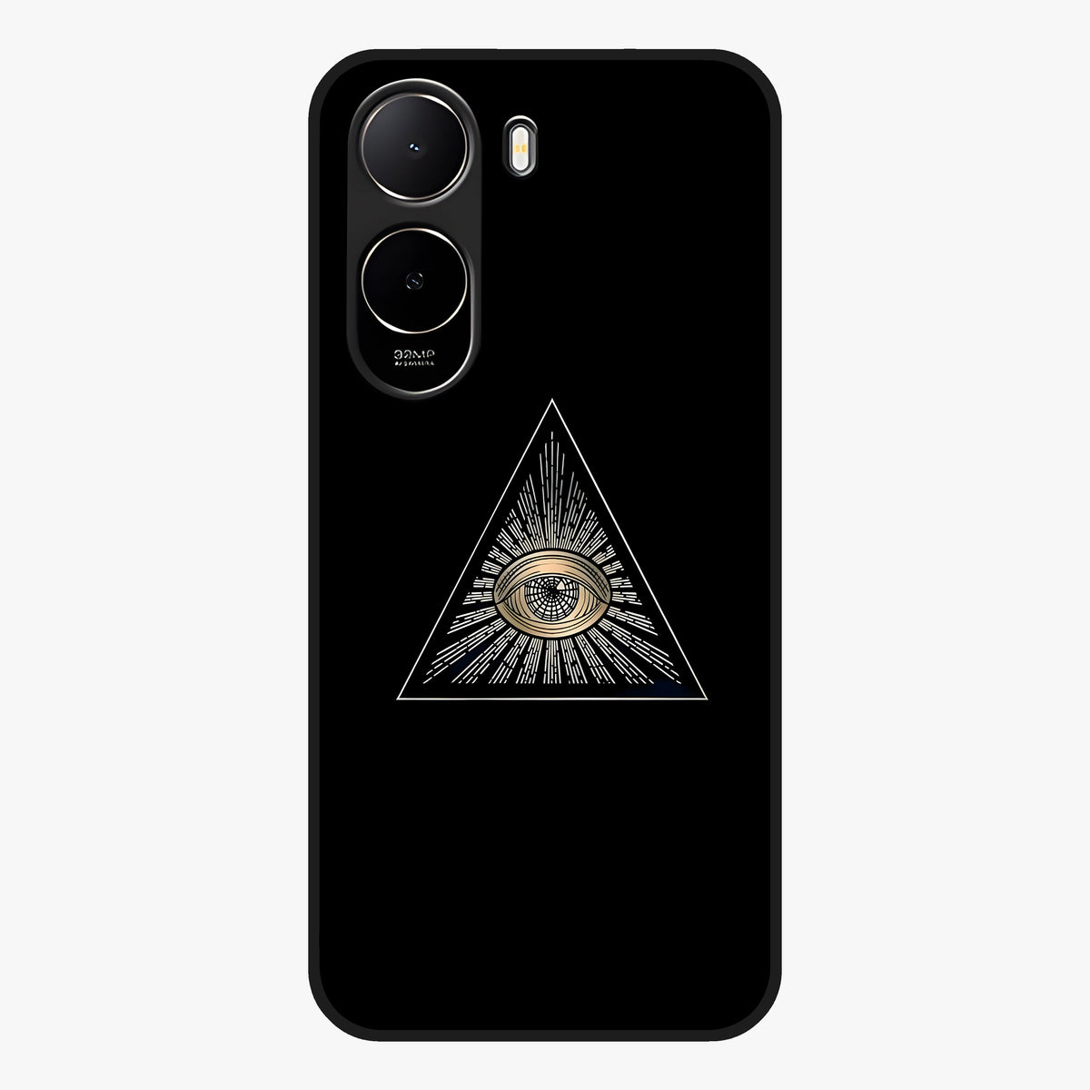 Illuminati Evil Glass Case showing flat back view with mysterious illuminati symbol artwork and glossy glass finish.