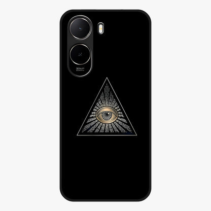 Illuminati Evil Glass Case showing flat back view with mysterious illuminati symbol artwork and glossy glass finish.
