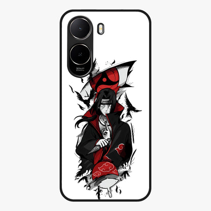 Itachi Sharingan Glass Case showing flat back view with powerful anime eye artwork and glossy glass finish.