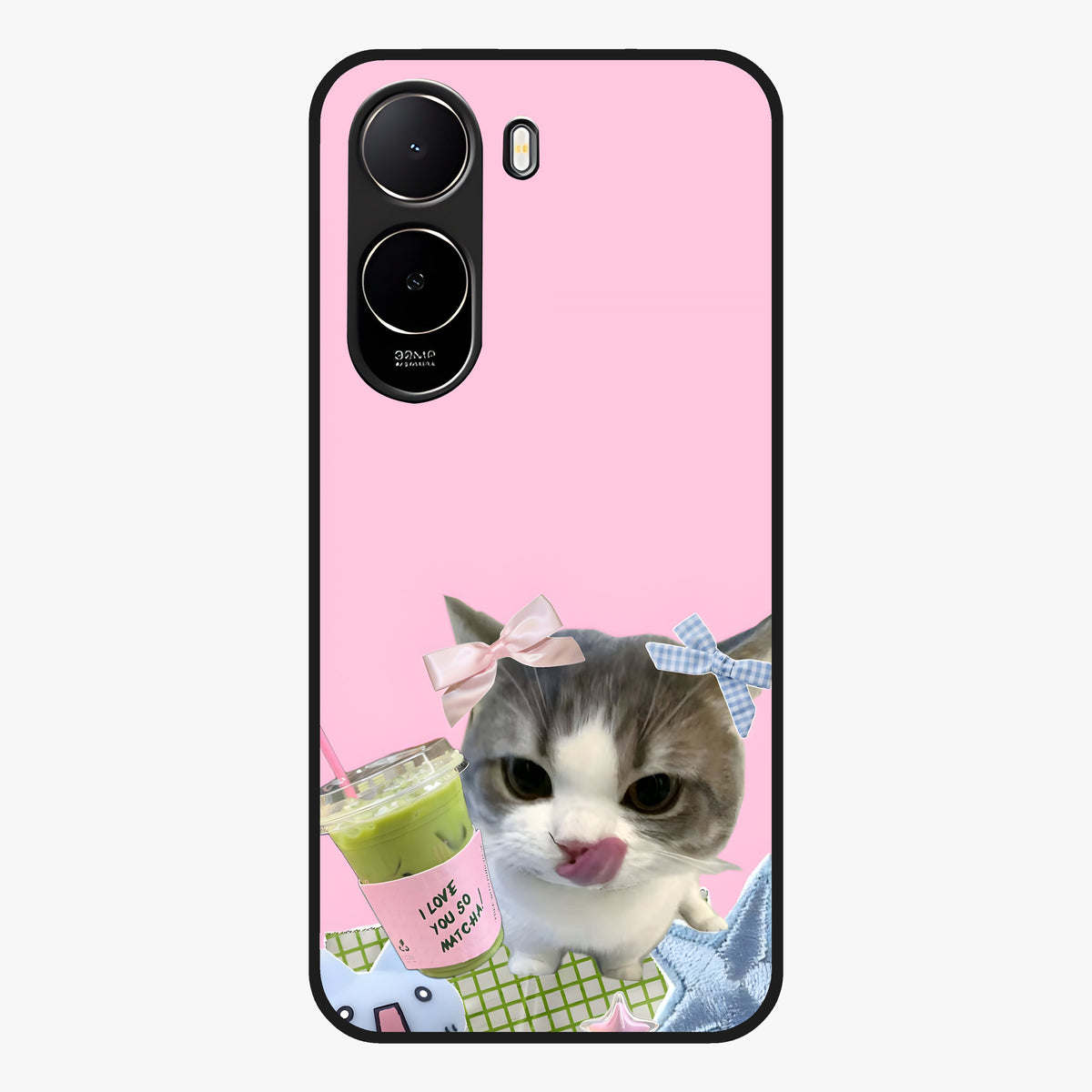 Love Matcha Cat Glass Case showing flat back view with cute cat and matcha themed artwork and glossy glass finish.