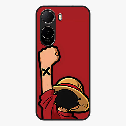 Luffy X Spirit Glass Case showing flat back view with bold anime character artwork and glossy glass finish.