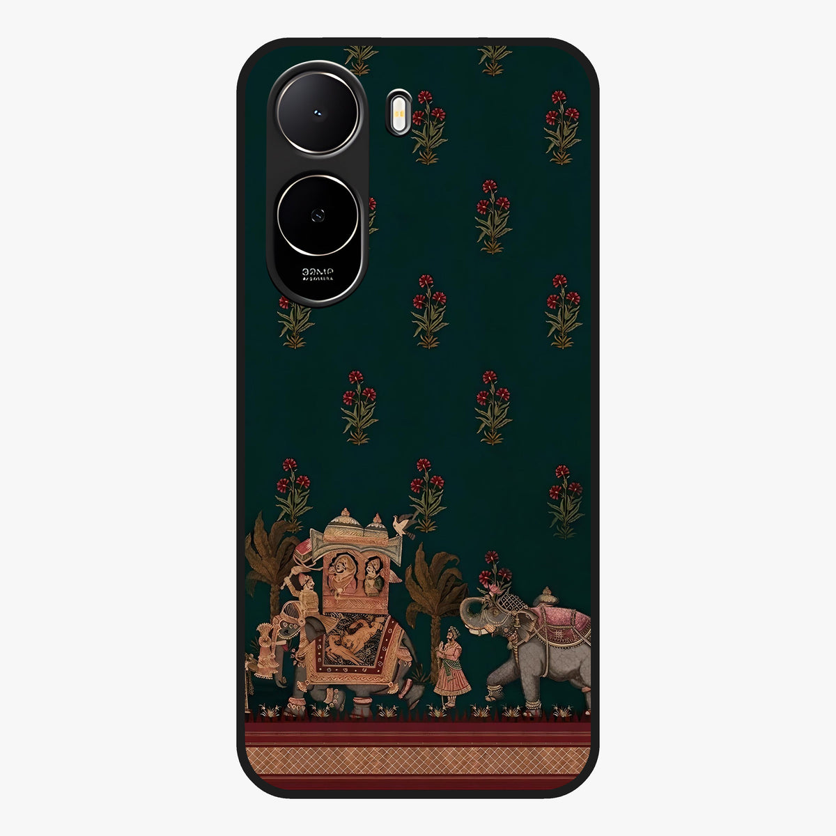 Macmerise Glass Case showing flat back view with stylish modern artwork and glossy glass finish.