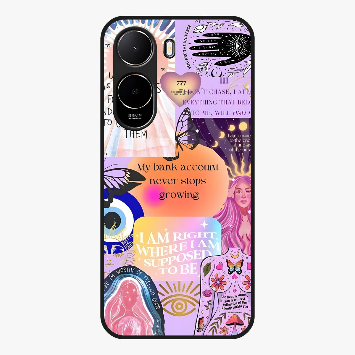 Manifestation Collage Glass Case showing flat back view with motivational collage artwork and glossy glass finish.